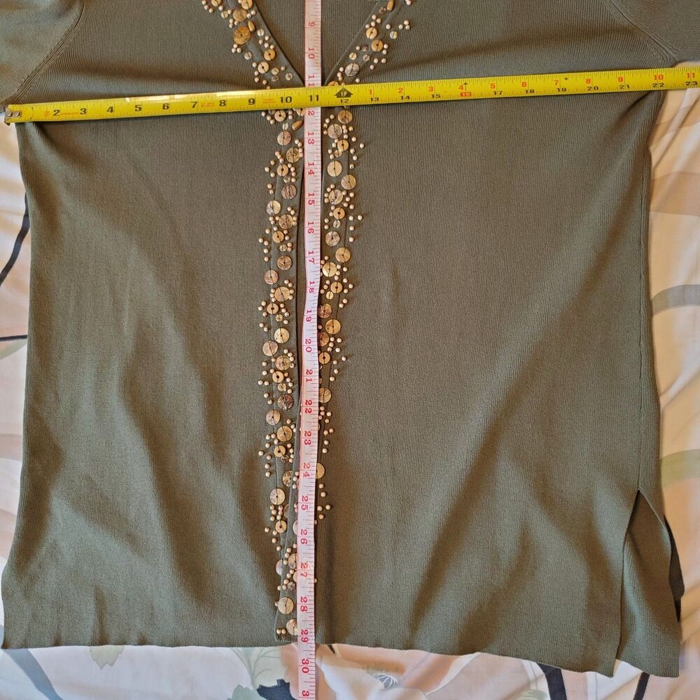 Chico's Olive Green Open Front Beaded Cardigan Size 3 US XL Boho Artsy Office - Picture 11 of 11